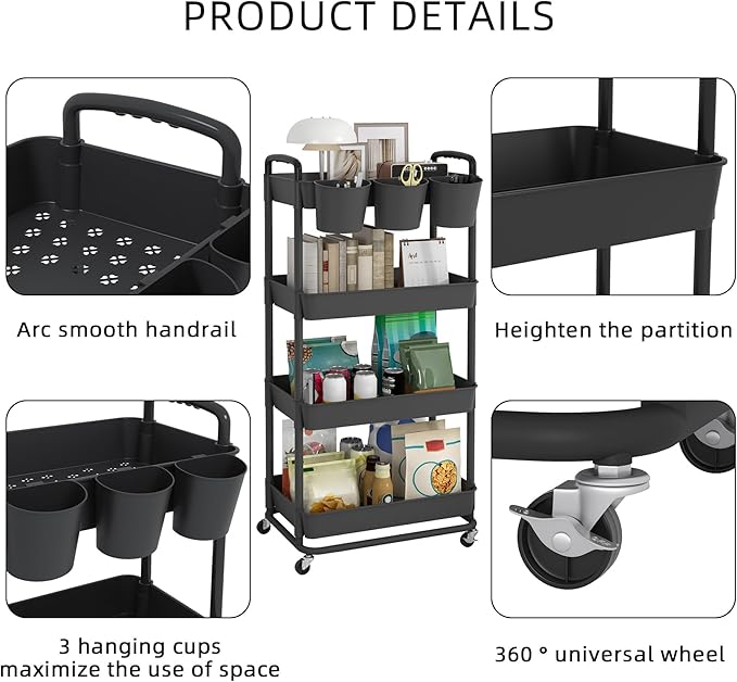 JIUYOTREE 4-Tier Plastic Rolling Storage Cart Utility Cart with Extra Hanging Cups Handles Lockable Wheels for Living Room Bathroom Kitchen Office Black-NeatNest
