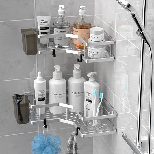 Corner Shower Caddy Shelf Rack: 2 Pack Adhesive Shower Organizer Essentials - No Drilling Stainless Steel Shower Storage Rack with Hooks and Toothpaste Holder - Bathroom Accessories-NeatNest
