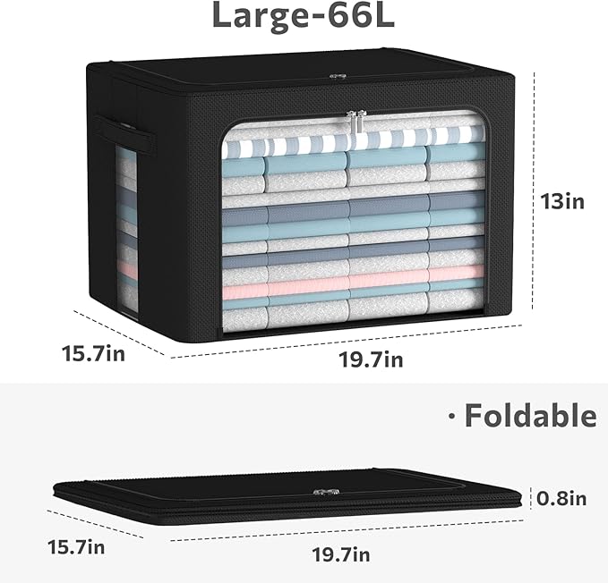 Clothes Storage Bins Box - Linen Fabric Foldable Stackable Container Organizer Set with Clear Window & Carry Handles & Metal Frame (Black, Large-66L)-NeatNest