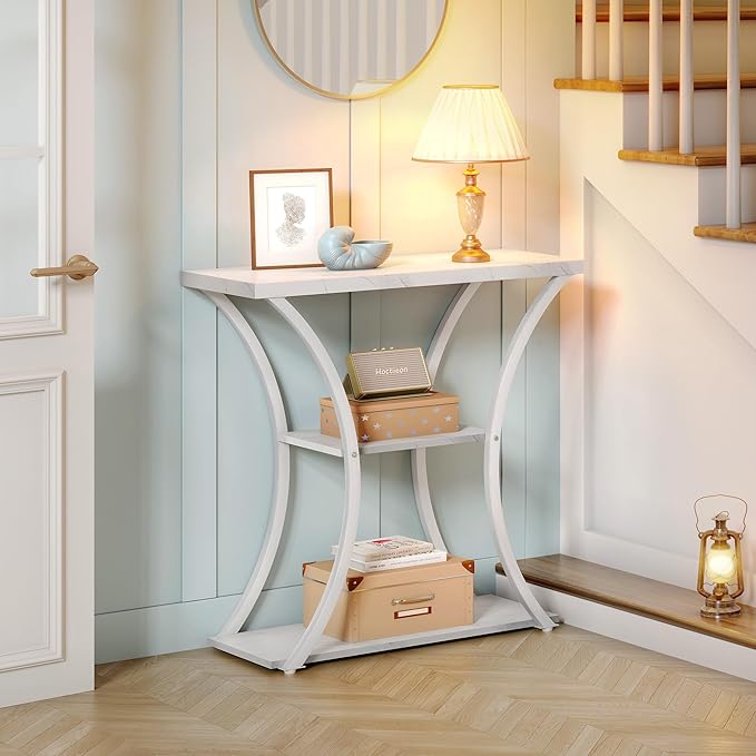 Hoctieon 3 Tier Console Table with Open Wood Shelves, Decorative Entryway Table with Curved Metal Frames, Narrow Sofa Table for Entrance, Living Room, Hallway, White Marbled-NeatNest
