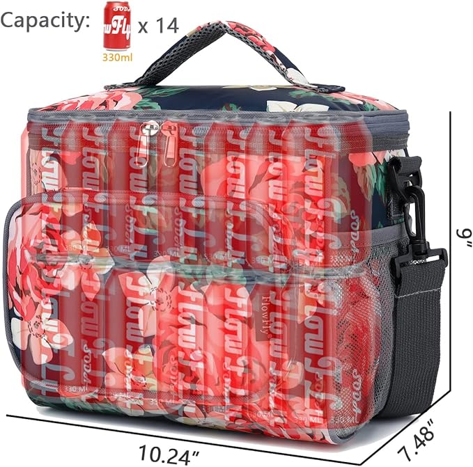 FlowFly Insulated Reusable Lunch Bag Adult Large Lunch Box for Women and Men with Adjustable Shoulder Strap,Front Zipper Pocket and Dual Large Mesh Side Pockets,Peony-NeatNest