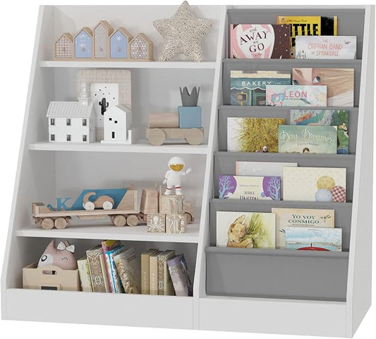 4 Tier Kids Wooden Bookshelf, 5 Layer Sling Toddler Bookcase,Baby Storage Book Rack,Book and Toy Organizer Cabinet,Children Book Display,Playroom Nursery Classroom Kid Room