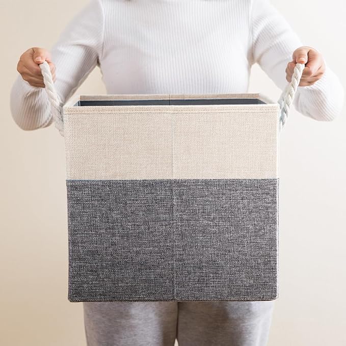 PRANDOM Large Foldable Cube Storage Bins 13x13 inch [4-Pack] Fabric Linen Storage Baskets Cubes Drawer with Cotton Handles Organizer for Shelves Nursery Closet Bedroom White and Grey-NeatNest