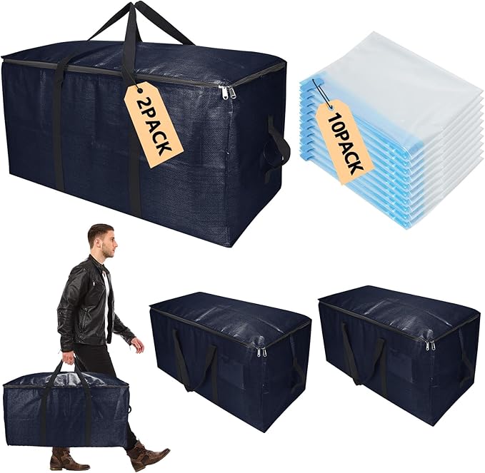 Extra Large Storage Bags Set Heavy Duty Moving Totes with Handles, Waterproof Dual-Durable Storage Totes For Space-Saving Moves, (Dark Blue, 12 Park-2 Moving bag & 10 Vacuum Seal Bags)