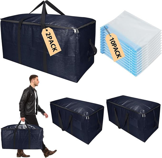 Extra Large Storage Bags Set Heavy Duty Moving Totes with Handles, Waterproof Dual-Durable Storage Totes For Space-Saving Moves, (Dark Blue, 12 Park-2 Moving bag & 10 Vacuum Seal Bags)