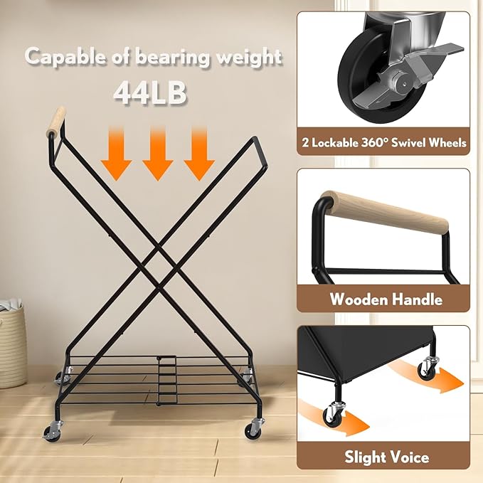 Foldable Metal Laundry Basket with Wheels, 2-Section Rolling Laundry Hamper, 37 Gallons (140L), Only 4LB, Removable Liner, Steel Frame with Handle, Black