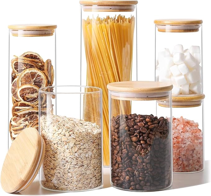 ComSaf Glass Food Storage Jars Set of 6, Clear Glass Storage Containers with Lids, Canisters Sets for the kitchen, Spaghetti, Pasta, Flour, Nuts, Oat, Coffee and Sugar Container, Pantry Organization-NeatNest