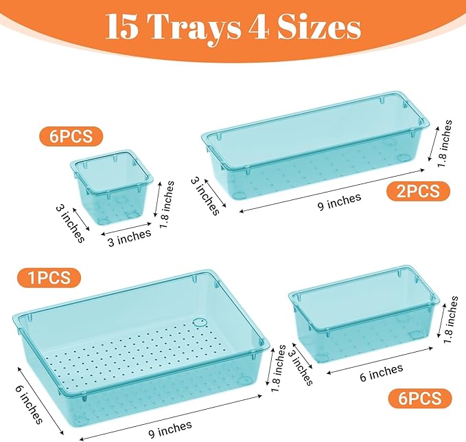 15 PCS Clear Plastic Drawer Organizer Set, 4-Size Acrylic Drawer Storage Trays, Storage Bins for Makeup, Gadgets, and Jewelry in Bathroom, Bedroom and Office, Clear Sea Blue-NeatNest