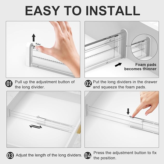 HiYZ Expandable Drawer Dividers - 12.6-22.8'' Adjustable Drawers Organizers for Kitchen Utensils, Drawer Separators in Bedroom, Dresser, Office, Bathroom, Fridge, 5 Pack Long Dividers-Clear-NeatNest