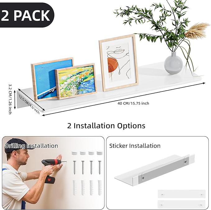 2-Piece White Metal Floating Shelves - Aluminum Alloy Wall Mounted Shelf No Drilling, Rust-Proof, 15.7" Width for Home Decor & Storage in Living Room, Bedroom, Bathroom-NeatNest