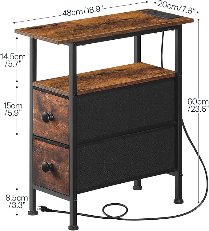 HOOBRO Narrow Side Table with LED Light and USB C Port, Night Stand with Charging Station, Skinny End Table with 2 Fabric Drawers, for Bedroom, Living Room, Rustic Brown and Black BF487UDBZ01