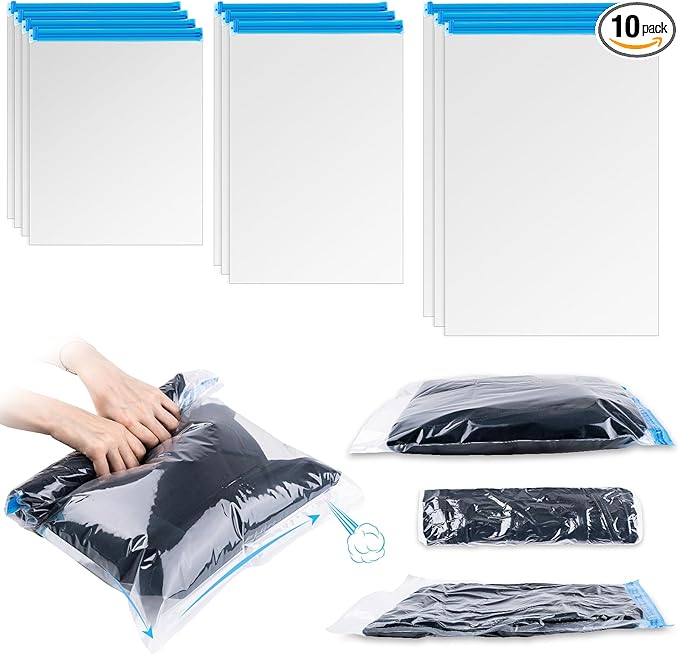 Compression Bags for Travel, 10 PCS Space Saver Bags, Hand Roll Vacuum Packing Bags for Travel, No Vacuum Needed, (3 Large, 3 Medium, 4 Small), Clothing, Luggage, Home Organizers Storage Bags-NeatNest