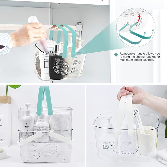2 Pack Plastic Shower Caddy Basket, Portable Shower Caddy Tote Storage Basket with Handles, Clear Cleaning Supplies Organizer Bin for Bathroom Kitchen College Dorm (White+Cyan)