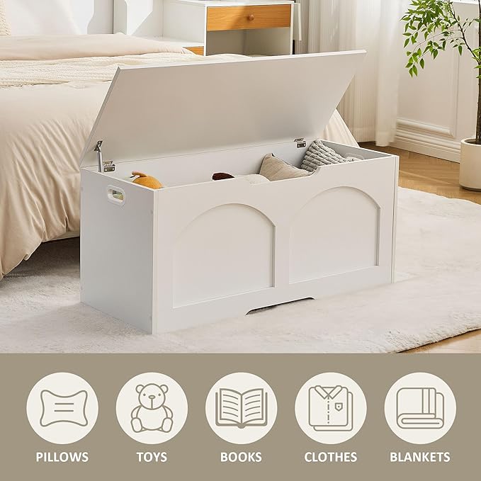 39.4" Storage Chest, Wooden Storage Bench Trunk, Upgraded Safety Lift Support Hinge, Large Entryway Bench Box, Supports 330 lb U-Shaped Opening for Entryway, Hallway, Living Room, White