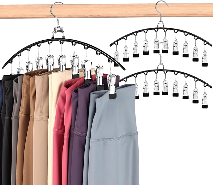 Hendiy Legging Organizer for Closet, Rotatable Pants Hangers 3 Pack w/10 Clips Holds 30 Leggings, Leggings/Shorts/Jeans/Skirts/Pants Hangers w/Rubber Coated, Space Saving Hanging Closet Organizer-NeatNest
