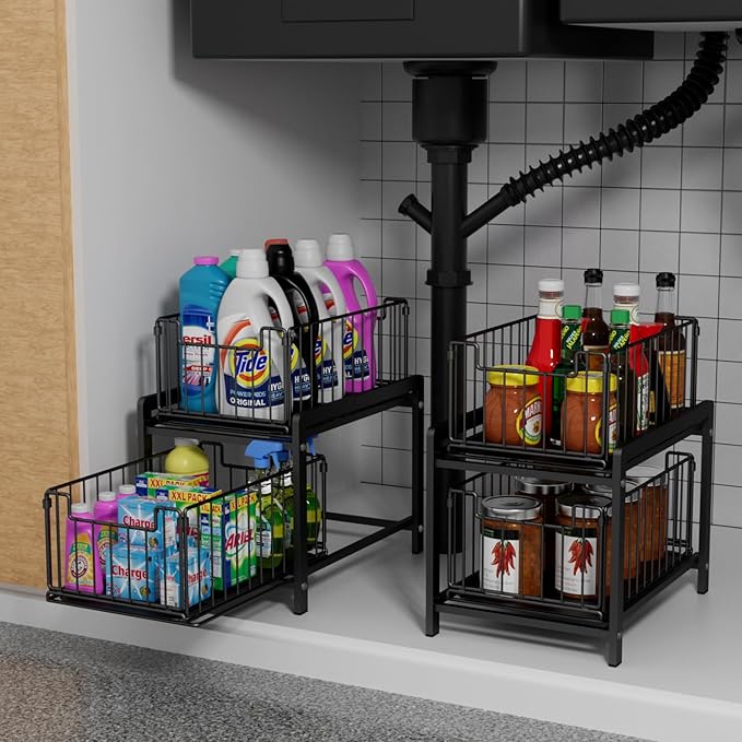 2 Tier Sliding Basket Drawer Organizer, Lxmons Pull Out Under Sink Cabinets Organizers, Metal Home Shelf for Bathroom or Kitchen, Sliding Countertop or Pantry Storage Shelf, Large Black-NeatNest