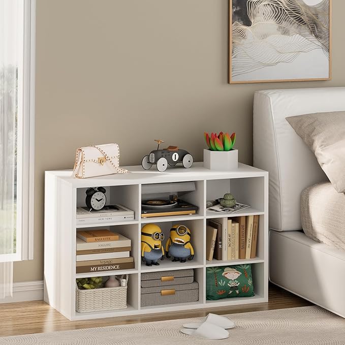 Garden 4 you Shoe Storage Bench, Cubby Shoe Rack with 9 Cubbies, 3-Tier Wood Shoe Rack Organizer, Shoe Organizer Cabinet for Entryway, Hallway, Closet and Garage, White-NeatNest