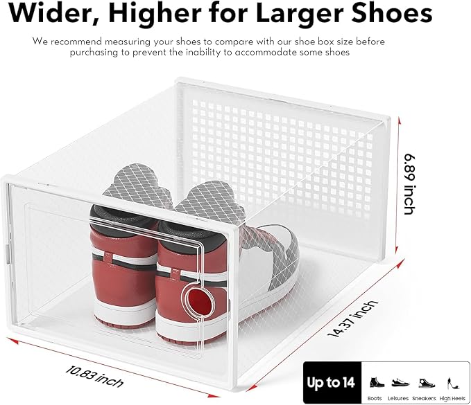 Kuject XX-Large Shoe Storage Boxes Organizers Clear Plastic Stackable 12 Pack, Shoe Rack & Holder Substitute, Sneaker Containers, Toy Storage Organizer Bins for Entryway, Closet, Under Bed, White-NeatNest