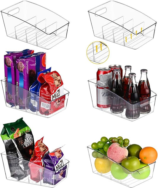 6 Pack Clear Pantry Organizer Storage Bins Removable Snack Organizer Plastic Cabinet Organizers Racks with 3 Dividers, Refrigerator Bins Kitchen Storage-NeatNest