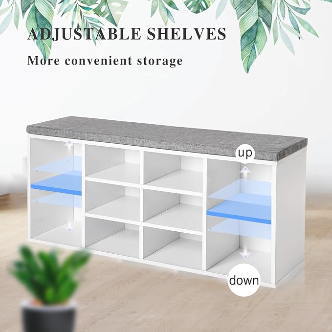Shoe Storage Bench, Entryway Bench with Storage, 3-Tier Shoe Rack Bench 10 Cubbies Adjustable Shelves Shoe Organizer Shelf for Hallway Front Door Living Room Bedroom