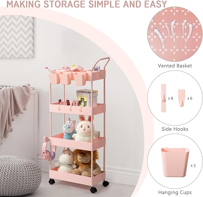 danpinera Slim Storage Cart, 4 Tier Bathroom Organizer Narrow Laundry Cart with Wheels Dividers Hanging Cups Hooks Handle Makeup Lash Cart Shelf Organizer Rack Unit Easy Assembly, Pink