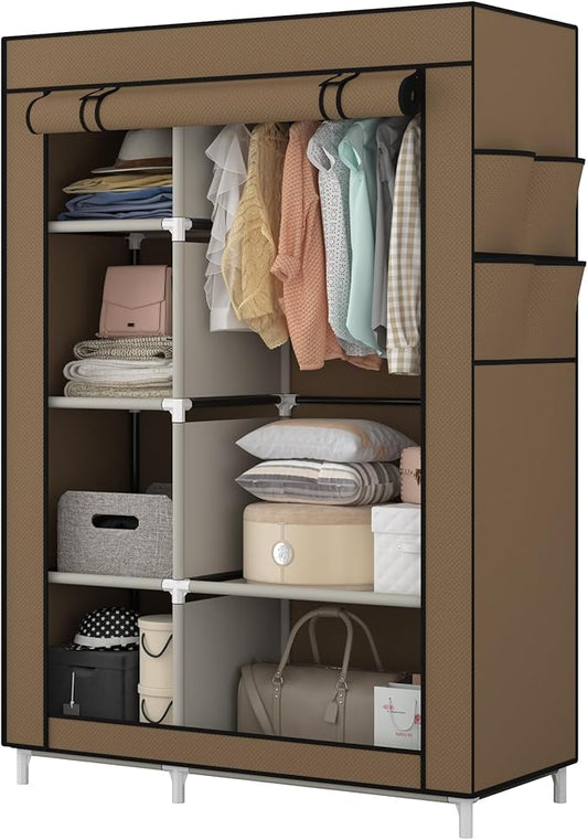 Calmootey Portable Closet Organizers, Clothing Storage, Wardrobe with 6 Shelves and Hanging Rod, Non-Woven Fabric Cover with 4 Side Pockets, Brown-NeatNest