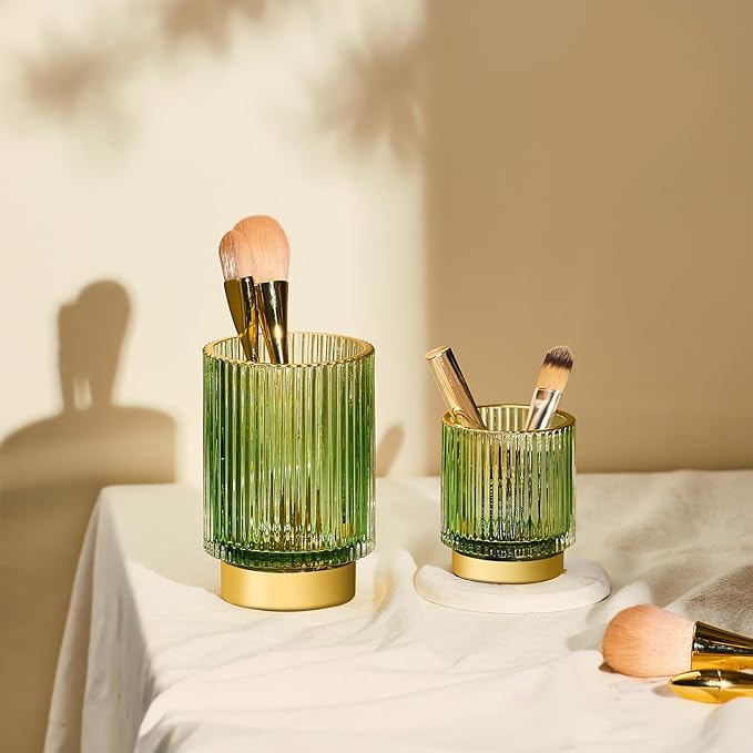 Makeup Brush Organizer, Toothbrush Holder, Desk Pen Pencil Holder, Multifunctional Vintage Glass Brush Cup (S/Green/A3-11-US)-NeatNest