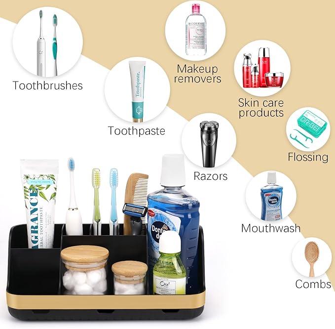 Gold Toothbrush Holders for Bathrooms Countertop Organizer - Detachable 7 Slots Electric Toothbrush and Toothpaste Holder, Kids Organization and Storage, Restroom Accessories Vanity Stuff-NeatNest