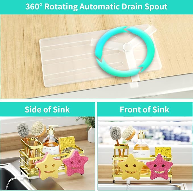 HapiRm Sink Caddy Sponge Holder - Self-draining Kitchen Sink Organizer with Smiley Face and Brush Holder, Stainless Steel Kitchen Sponge Caddy for Countertop - Gold