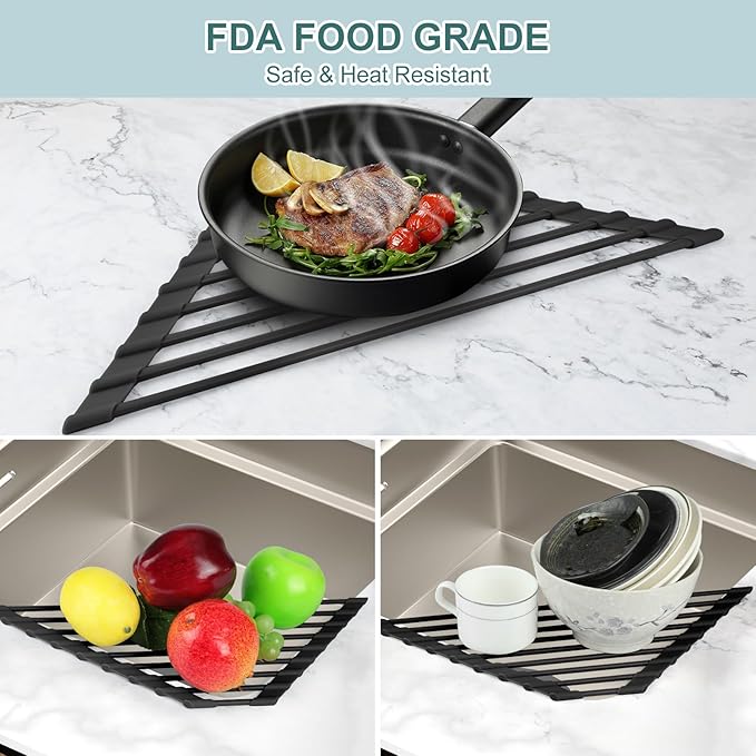MERRYBOX Triangle Roll Up Dish Drying Rack Over The Sink, 2025 Anti-Rust Sink Drying Rack with Full Silicone Wrapped for Top of Sink Coner, Anti-Slip Organizer for Kitchen