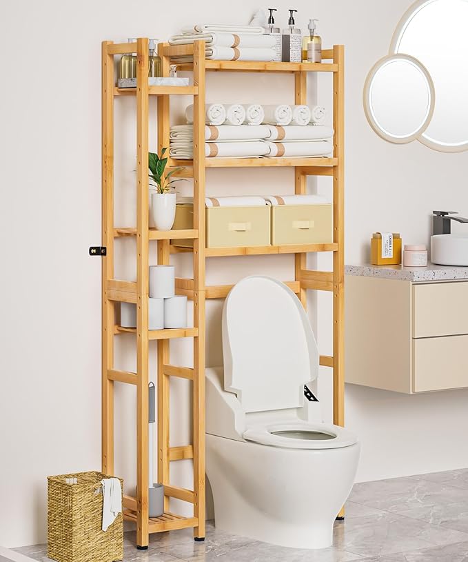Homde Over The Toilet Storage with Basket and Drawer, Bamboo Bathroom Organizer with Adjustable Shelf & Waterproof Feet Pad, Space Saver Rack for Restroom, Laundry,Natural-NeatNest