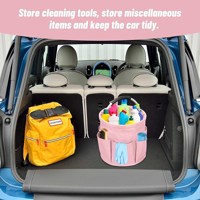 Qivine 17L Cleaning Caddy with Handle, Cleaning Supply Caddy Foldable Tool Bag Cleaning Products Organizers Portable Cleaning Bucket Organiser for Storing Towels (Pink)