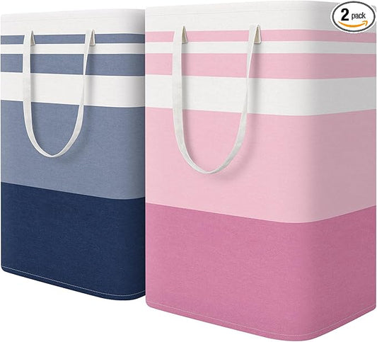 HomeHacks 2 Pack Large Laundry Baskets, Waterproof, Freestanding Laundry Hampers, Collapsible Clothes Hamper with Reinforced Handles in Laundry, College Dorm, Bathroom, Bedroom (Blue+Pink, 75Lx2)-NeatNest