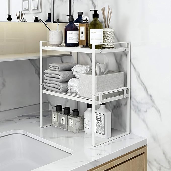 2 Pack Kitchen Cabinet Shelf Counter Organizer Rack Pantry Storage Bathroom Bedroom Office Table Desk Space Saving Steel Frame Stackable Rust Resistant Non Slip White-NeatNest
