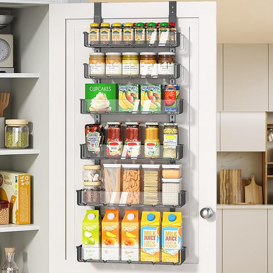 Delamu Adjustable Over the Door Pantry Organizer with Clear Acrylic Panel, 6-Tier Pantry Organization and Storage for Kitchen, Hanging Spice Rack Seasoning Shelves for Cabinet, Easy Install, Black-NeatNest