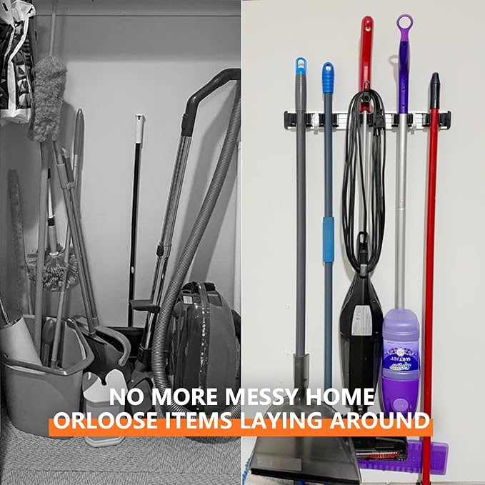 Broom Holder Wall Mount Mop and Broom Hanger Wall Mounted Garage Storage Rack Kitchen Garden Tool Organizer (5 Racks with 4 Hooks, Black)-NeatNest
