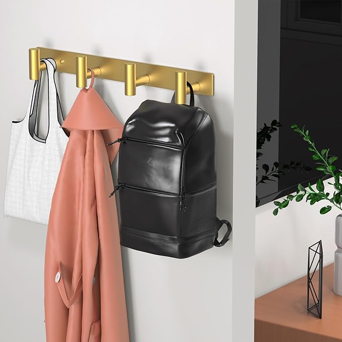Wall Mounted Coat Rack-4 Hooks, Heavy Duty Stainless Steel Hook Rail for Towel Coat Hat Purse Bag Jacket, Towel Hooks for Entryway Bathroom Kitchen (Gold 4 Hooks - 1 Pack)-NeatNest