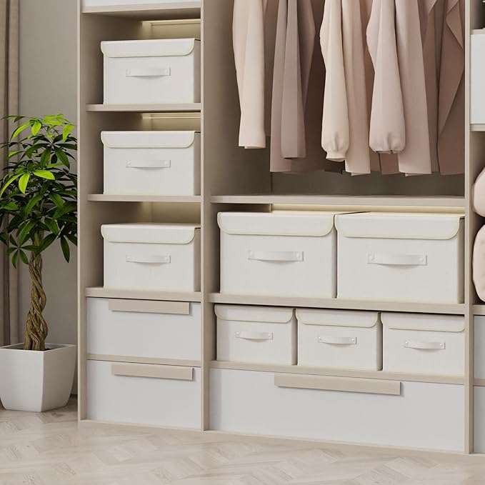 Fabric Storage Bins Cube Organizers with Flip-Top Lid and Handles,Storage Boxes for Organizing Home,Office,and Closet,Beige,3 Pack 13 X 9.1 X 7.9 in-NeatNest