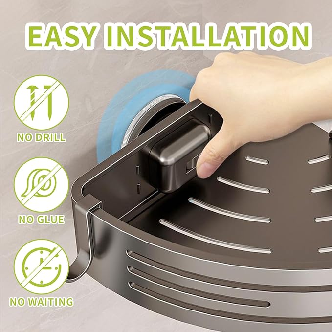 Shower Caddy Suction Cup, No Drilling Rustproof Bathroom Shower Shelf,Corner Shower Shelves with 6 Portable Hooks, Removable Bath Organizer with Towel Bar for Bathroom Hanging Storage(Gray)