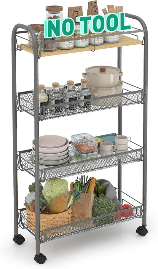 Sekey 4 Tier Rolling Cart Metal, Snap-Together Utility Cart on Wheels, Slim Storage Cart with Universal Wheels for Baby Nursery, Bathroom, Kitchen, Laundry Room, Gray