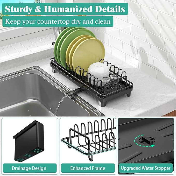Giwil Small Dish Drying Rack, Compact Dish Rack with Drainboard for Kitchen Counter, Multifunctional Rustproof Dish Drainer Plate Organizer Used Over Sink & on Countertop, Black