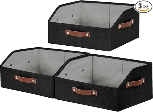 Closet Organizers and Storage, Linen Trapezoid Storage Bins with Handles, Collapsible Shelf Organizer for Blanket, Towel, Clothes, Hats, Purse (Black)-NeatNest