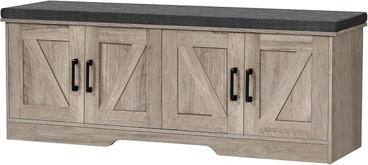 2-Tier Storage Bench, Shoe Bench with Padded Seat Cushion, Entryway Bench with 4 Barn Doors, Adjustable Shelf, 13.8" D x 47.2" W x 17.7" H, for Entryway, Living Room, Bedroom, Greige-NeatNest