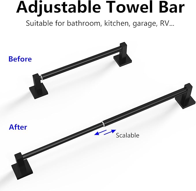 Adjustable Towel Bar, 14.4inch - 25.2inch Towel Rack, Wall Mounted for Bathroom, Kitchen Hand Towel Holder Cloths Hanger SUS 304 Stainless Steel Organizer Single Bar (Matte Black)
