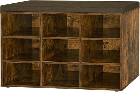 DINZI LVJ Shoe Storage Bench with Cushion, Cubby Rack with 9 Cubbies, Adjustable Shelves, Multifunctional Organizer Bench for Entryway, Mudroom, Hallway, Closet and Garage, Rustic Brown-NeatNest