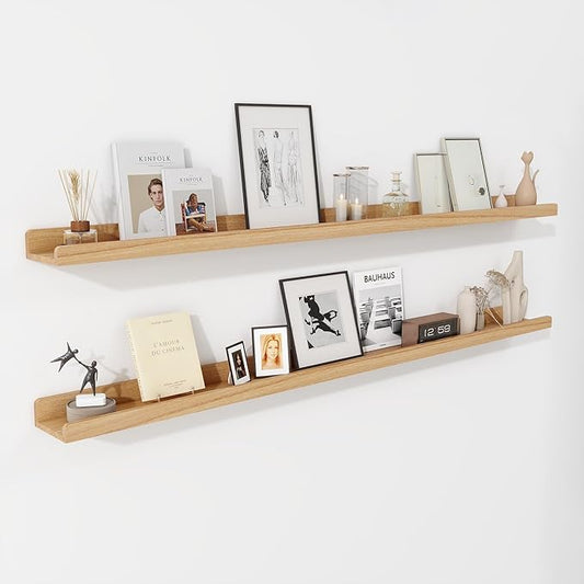 Floating Shelves for Wall | Picture Ledge Shelf Set of 2 | Solid Ash Wood Floating Shelves with Lip | 55 Inch Natural Wood Picture Shelf for Wall with Ledge | Photo Ledge Shelves-NeatNest