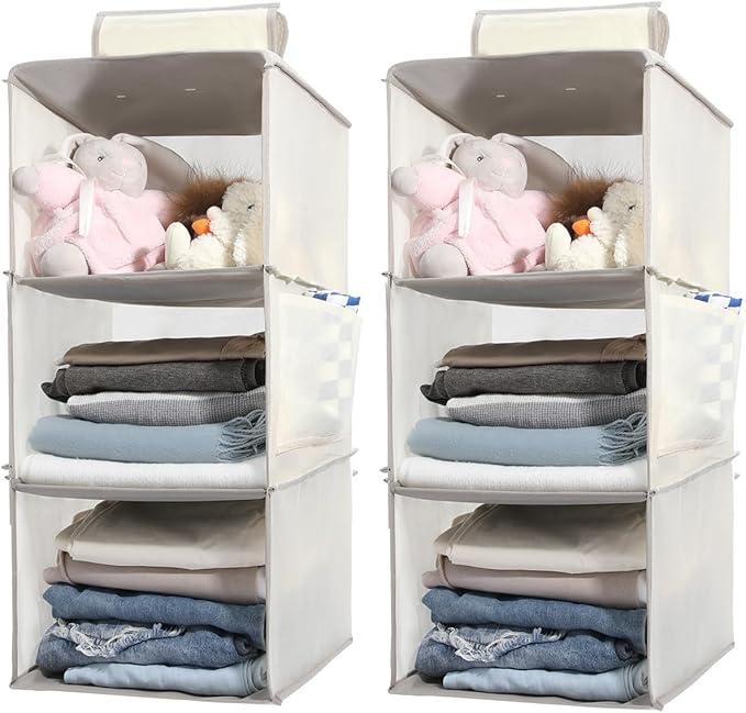 2 Packs Hanging Closet Organizer Storage, 3-Shelf Hanging Shelves for Closet, Closet Clothes Organizer and Storage with Side Pocket, Beige-NeatNest