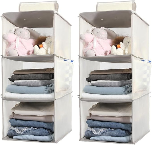 2 Packs Hanging Closet Organizer Storage, 3-Shelf Hanging Shelves for Closet, Closet Clothes Organizer and Storage with Side Pocket, Beige-NeatNest