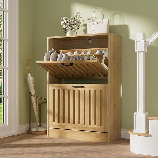 Shoe Storage Cabinet for Entryway with 2 Flip Drawers, Wooden Shoe Organizer with Adjustable Shelf, Freestanding Wood Fluted Panel Shoes Cabinet Closed Shoe Rack for Hallway, Foyer, Nature Oak-NeatNest