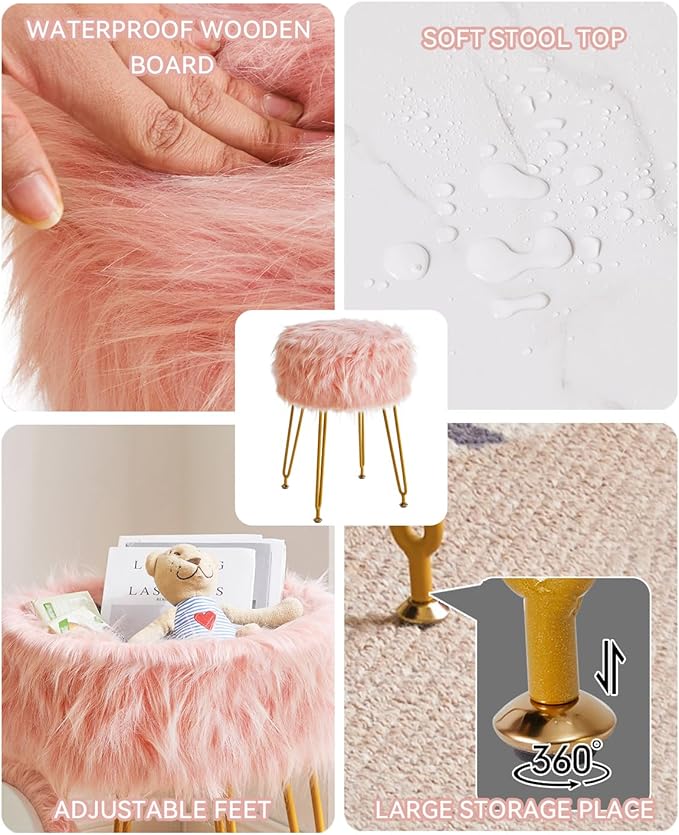 IBUYKE Round Faux Fur Vanity Stool with Storage, Furry Makeup Chair Ottoman, Soft Padded Seat, Round Footrest Footstools with 4 Metal Legs, for Living Room Bedroom Entryway, Pink WBD021P